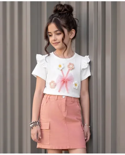 Ollington St. Cotton Knit Half Sleeve Top With Print & Stretchable Twill Skirts - White & Pink